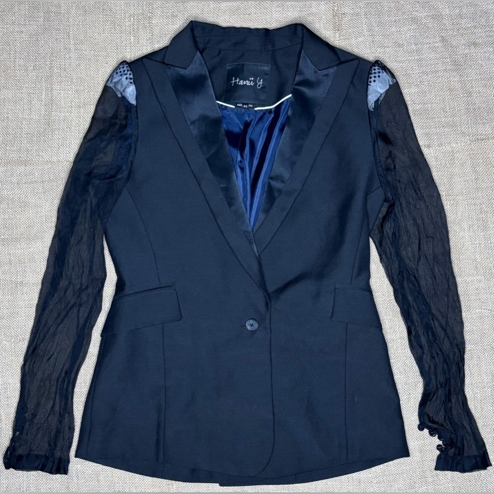 Black Wool Blend Blazer Fits M L Sheer Sleeves Corporate Goth Emo Yallternative
